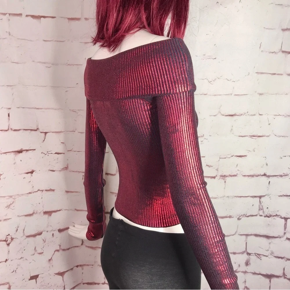 NEW ZARA XS Off the Shoulder Red Metallic Knit Foil Stretch Top NEW WITH TAG - Picture 6 of 15
